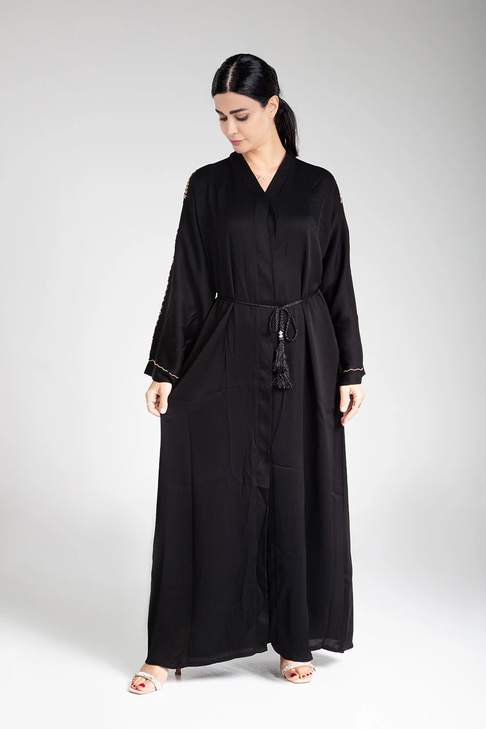 Black Open Abaya with Bead - Image 3